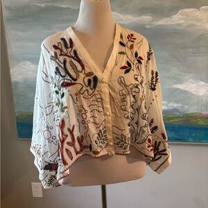 Zara Embroidered White Blouse crop with tropical 🪼🪸🐚 design. Size M